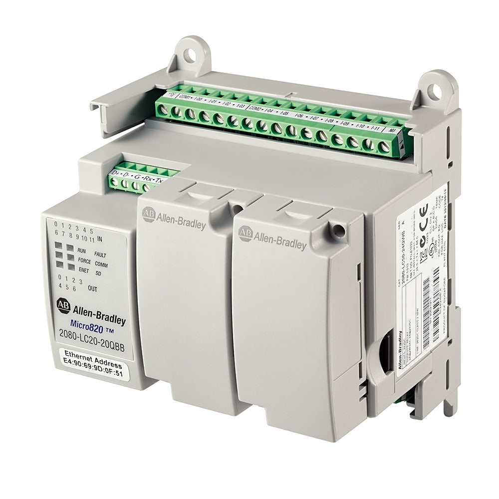 2080-LC20-20QWB | Allen-Bradley Micro820 Controller, 12-In/8-Out, DC Power