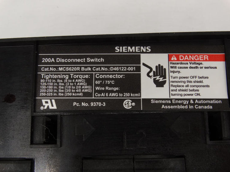 Siemens MCS620R 200A 3-Pole Non-Fusible Disconnect Switch 600VAC Panel Mount