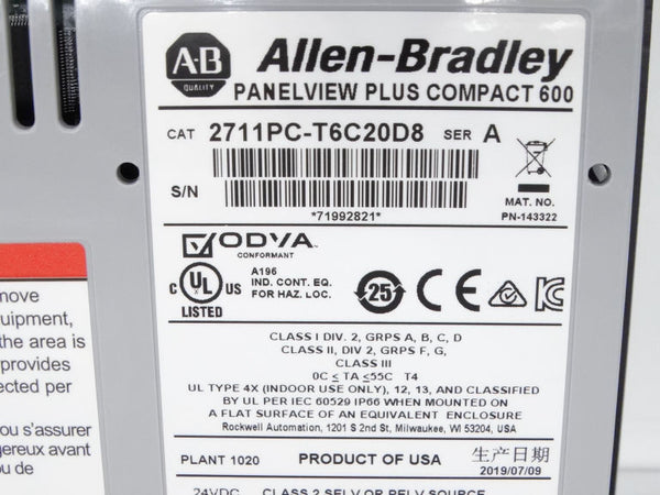 2711PC-T6C20D8 | Allen-Bradley PanelView Plus 6 600, 6-in, Color, Touch, Std, DC