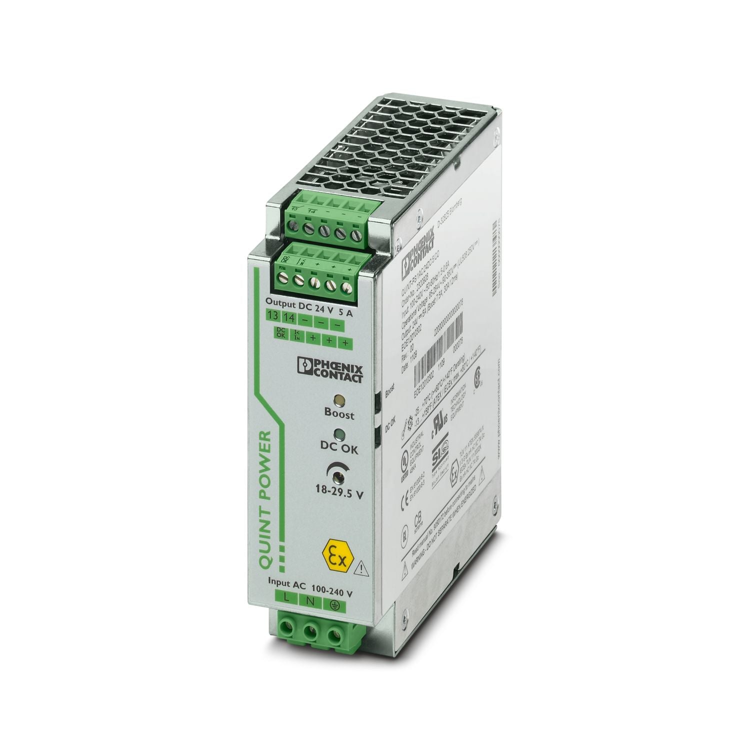 2320908 | Phoenix Contact Power Supply, ACDC, 24VDC, 5A, 120W, DIN Rail Mount, QUINT POWER Series