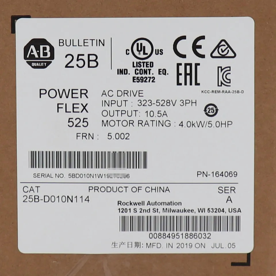 25B-D010N114 | Allen-Bradley PowerFlex 525 AC Drive 480V/10.5A/5.0HP