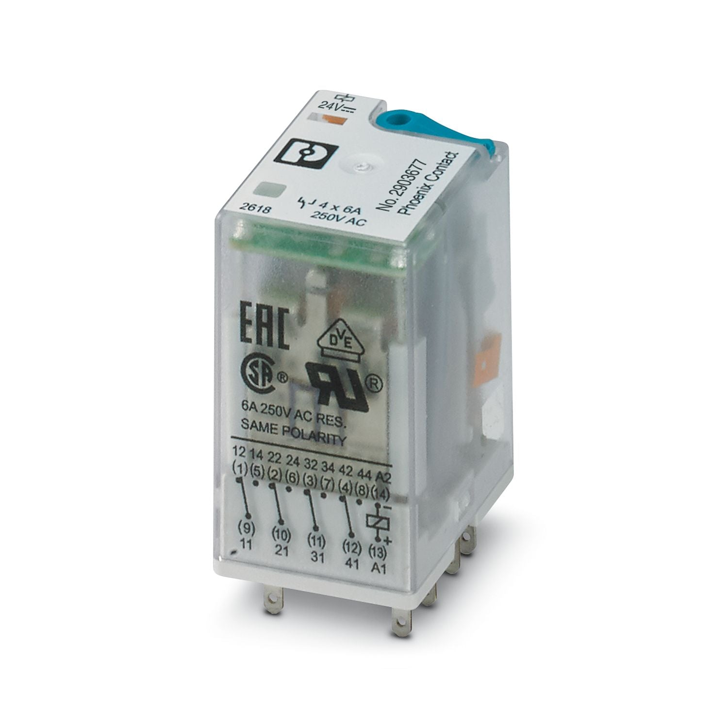 2903677 | PHOENIX CONTACT Power Relay, 4PDT, 24VDC/250VAC, 250VDC, 6A, RIFLINE COMPLETE RELAY Series