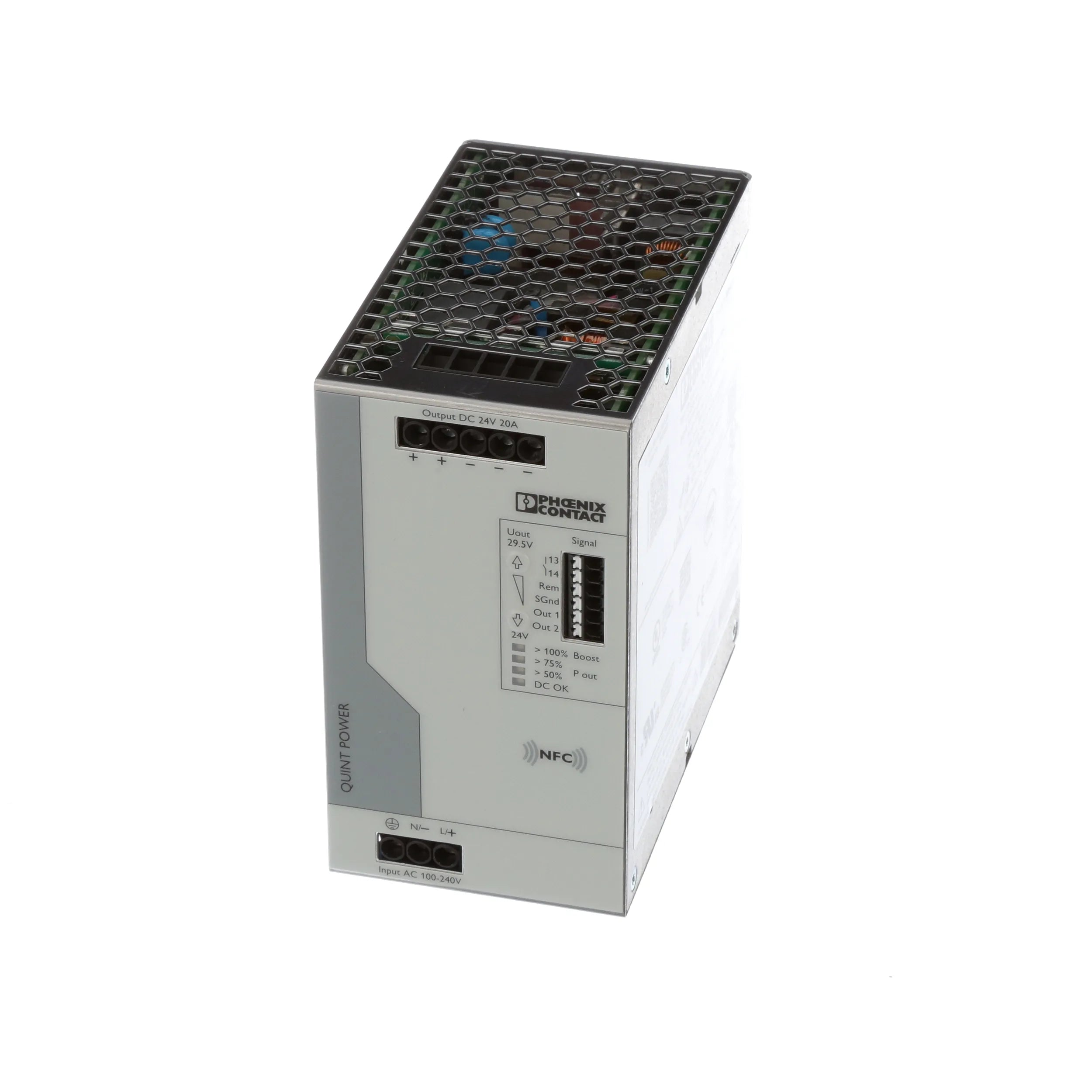 2904602 | PHOENIX CONTACT Power Supply, ACDC, 24VDC, 20A, 480W, DIN Rail Mount, QUINT POWER Series