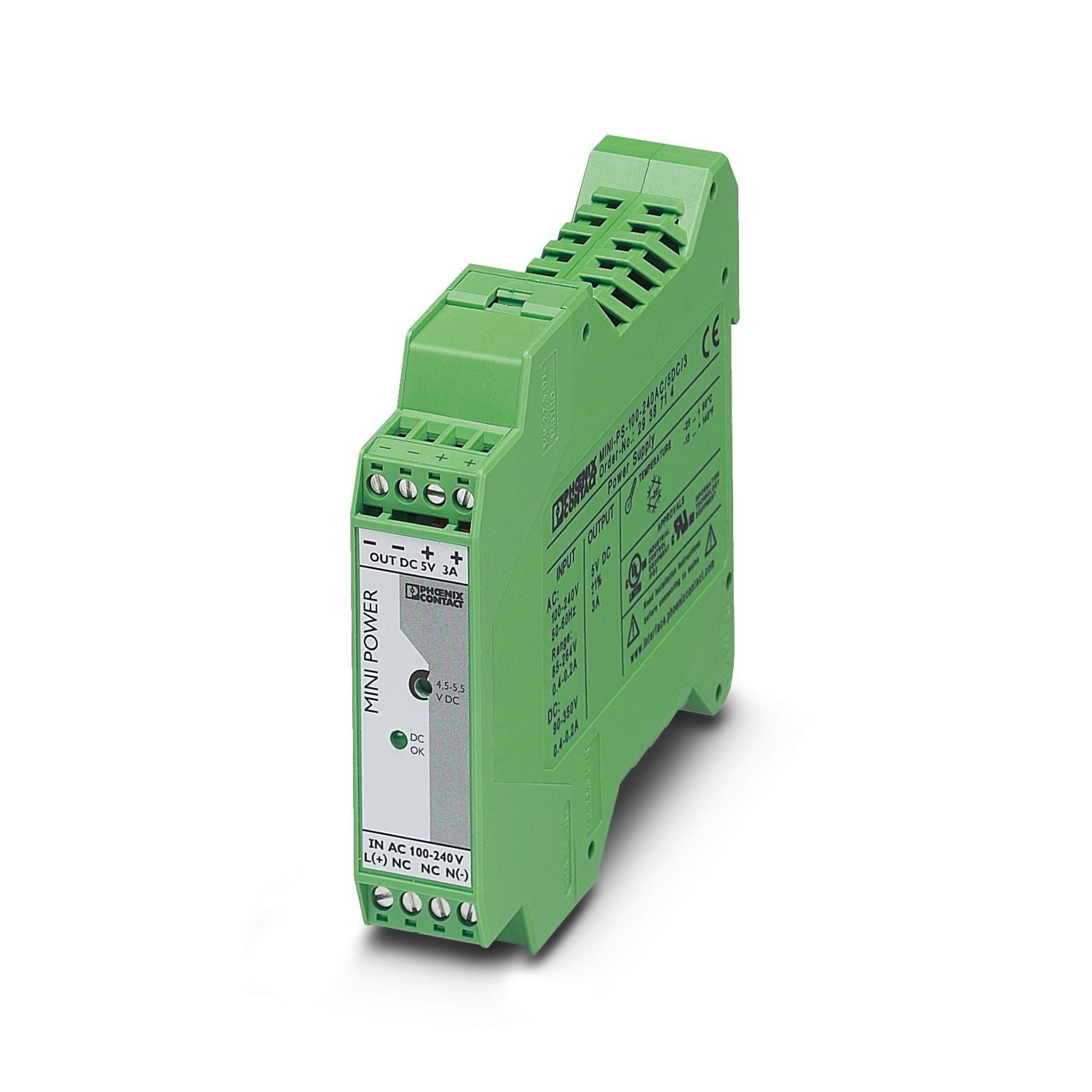 2938714 | Phoenix Contact Power Supply, AC-DC,5V, 3A, 85-264V In, Enclosed, DIN Rail, Industrial, 15W, MINI Series