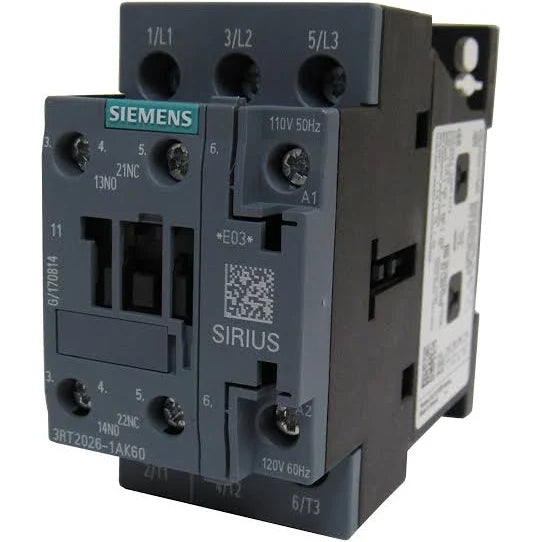 3RT2026-1AK60 | Siemens Contactor, AC3:11kW 1NO+1NC 110V50H120V60