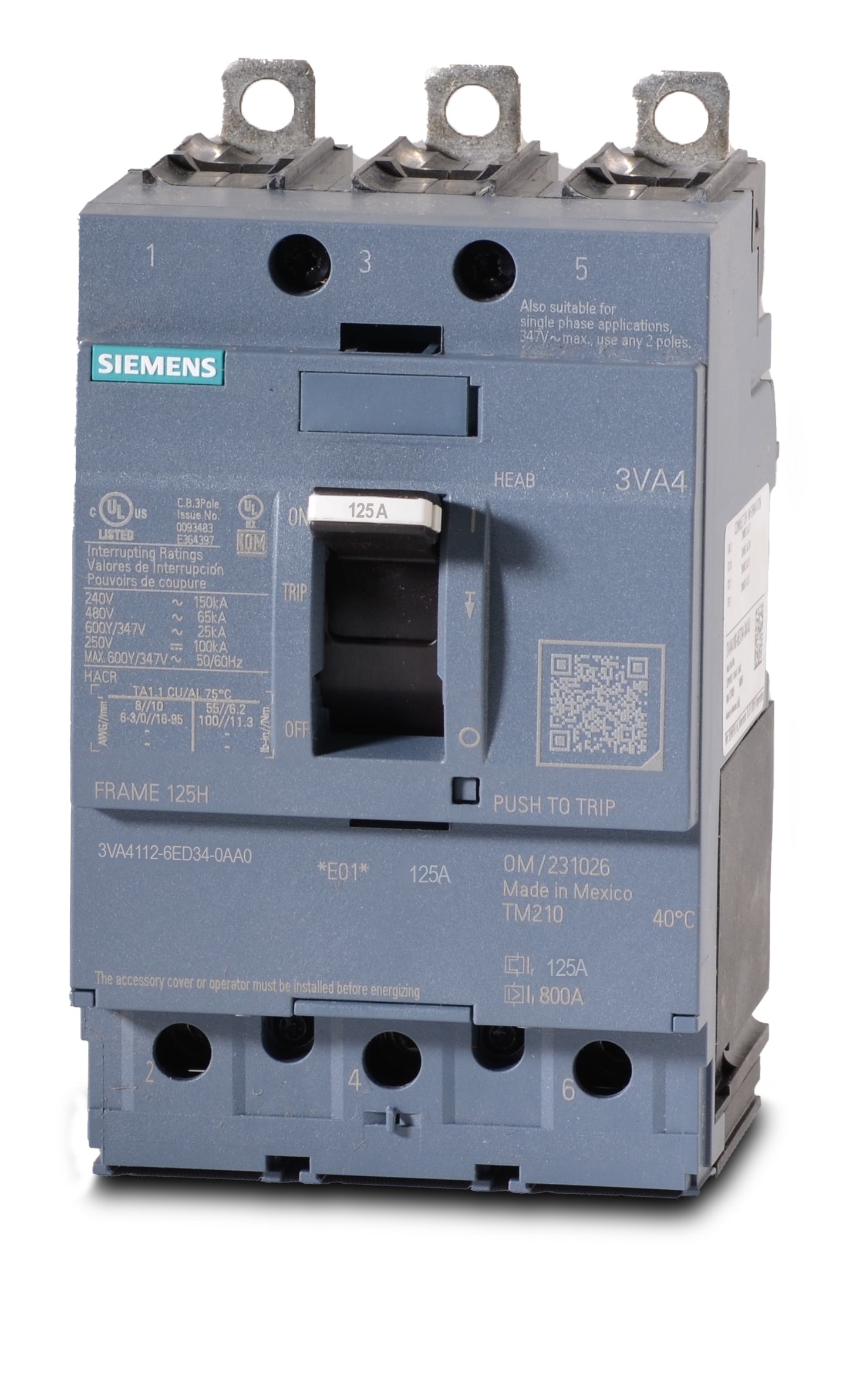 3VA4112-6ED34-0AA0 | Siemens 3VA4 125A 3-Pole 480V Thermal-Magnetic Circuit Breaker