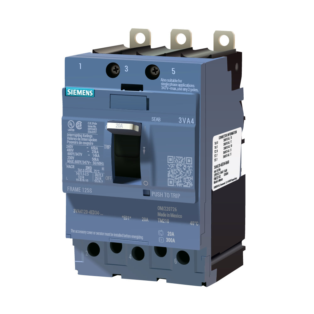 3VA4120-6ED34-0AA0 | Siemens 20A 3-Pole Molded Case Circuit Breaker 65kA@480V
