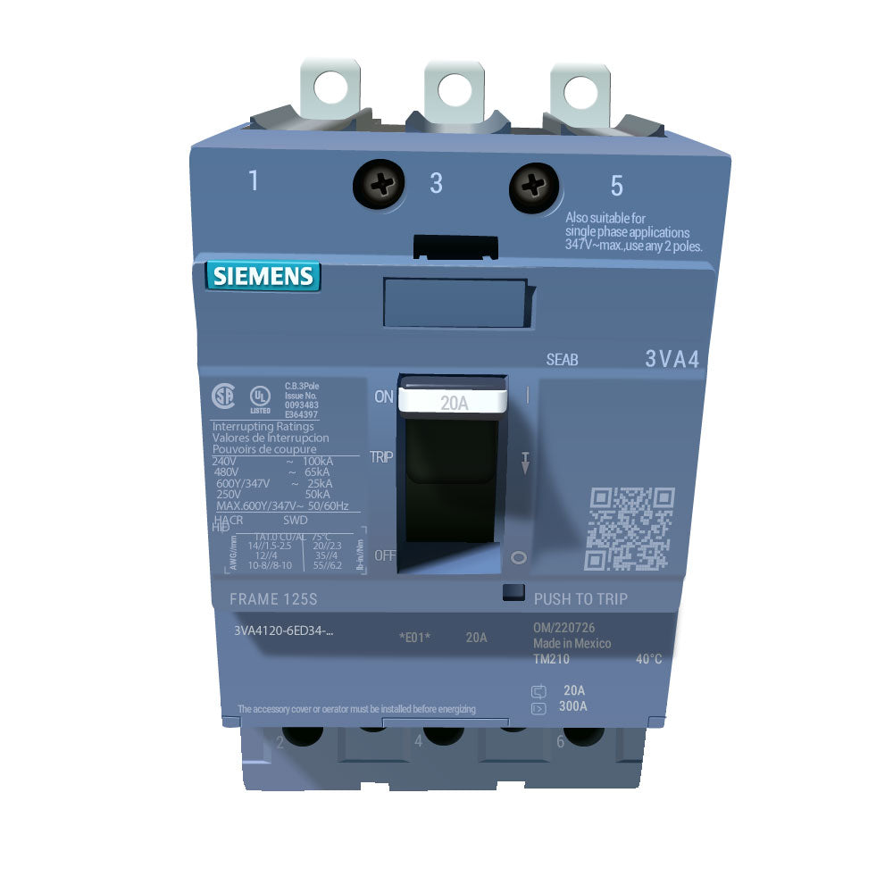3VA4120-6ED34-0AA0 | Siemens 20A 3-Pole Molded Case Circuit Breaker 65kA@480V