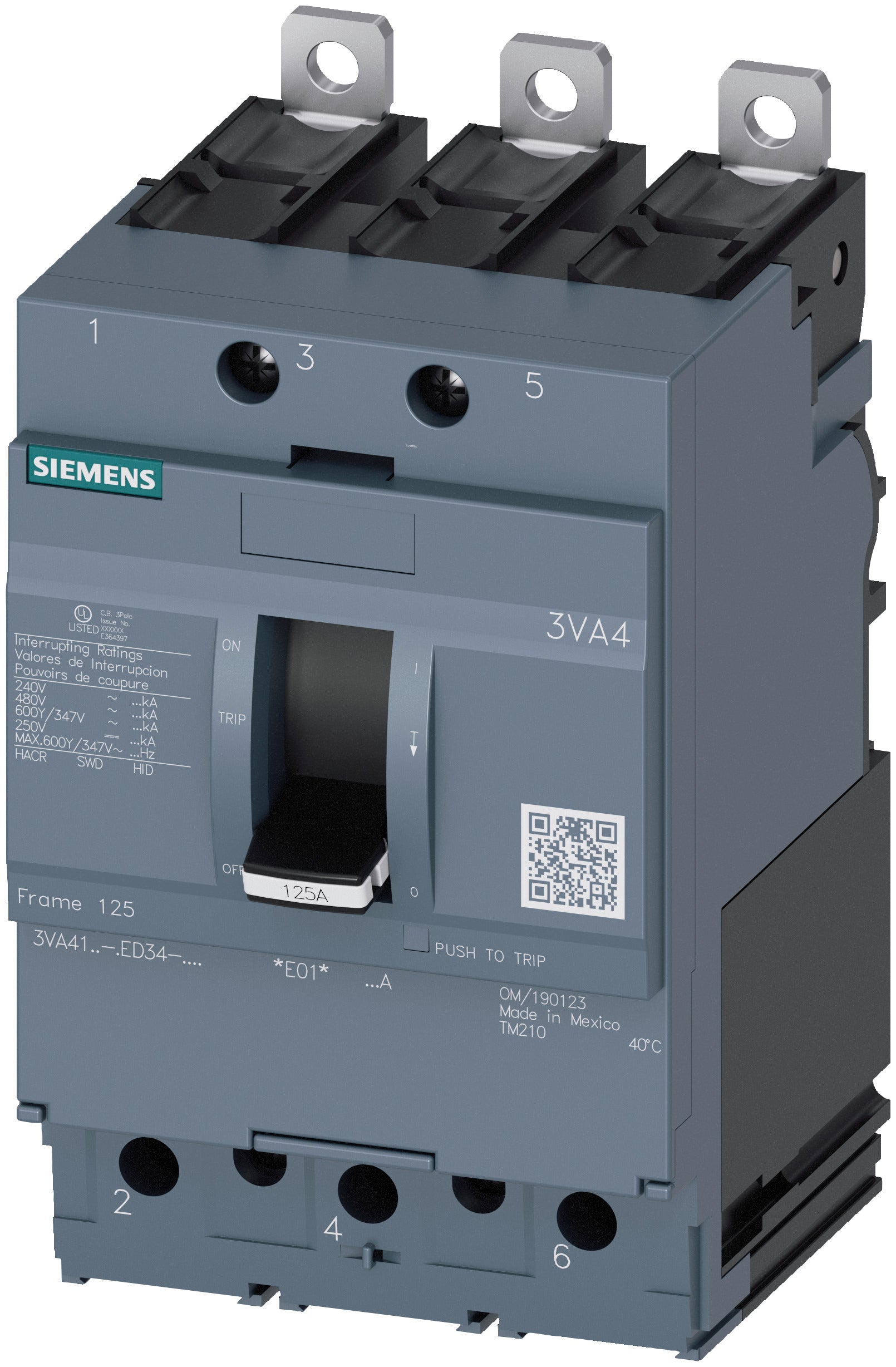 3VA4160-6ED34-0AA0 | Siemens 60A 3-Pole 600V Molded Case Circuit Breaker, 65kA @ 480V, 3VA4 Series