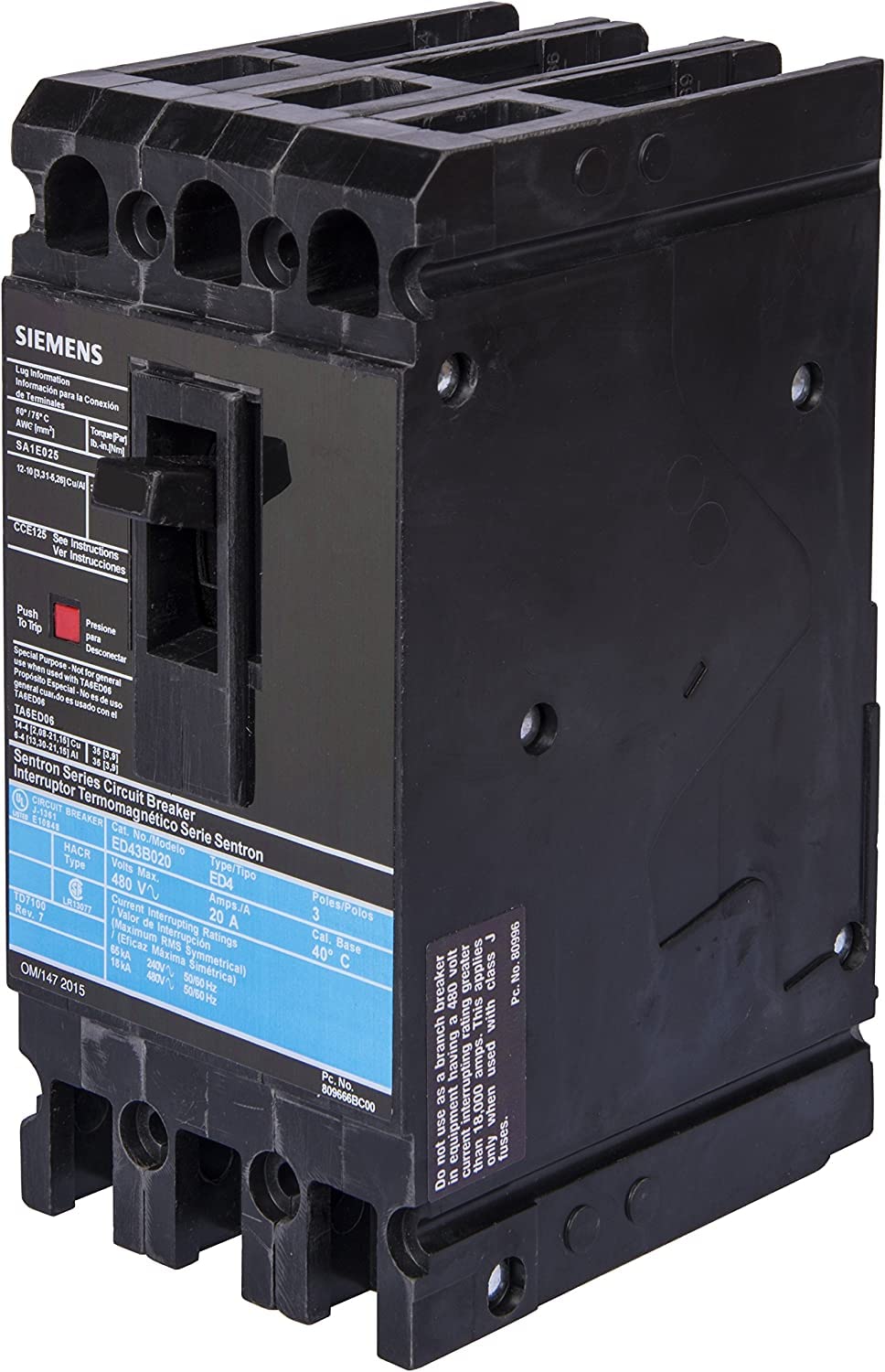 ED43B125 | Siemens 3-Pole 125A 480V Molded Case Circuit Breaker, Thermal Magnetic