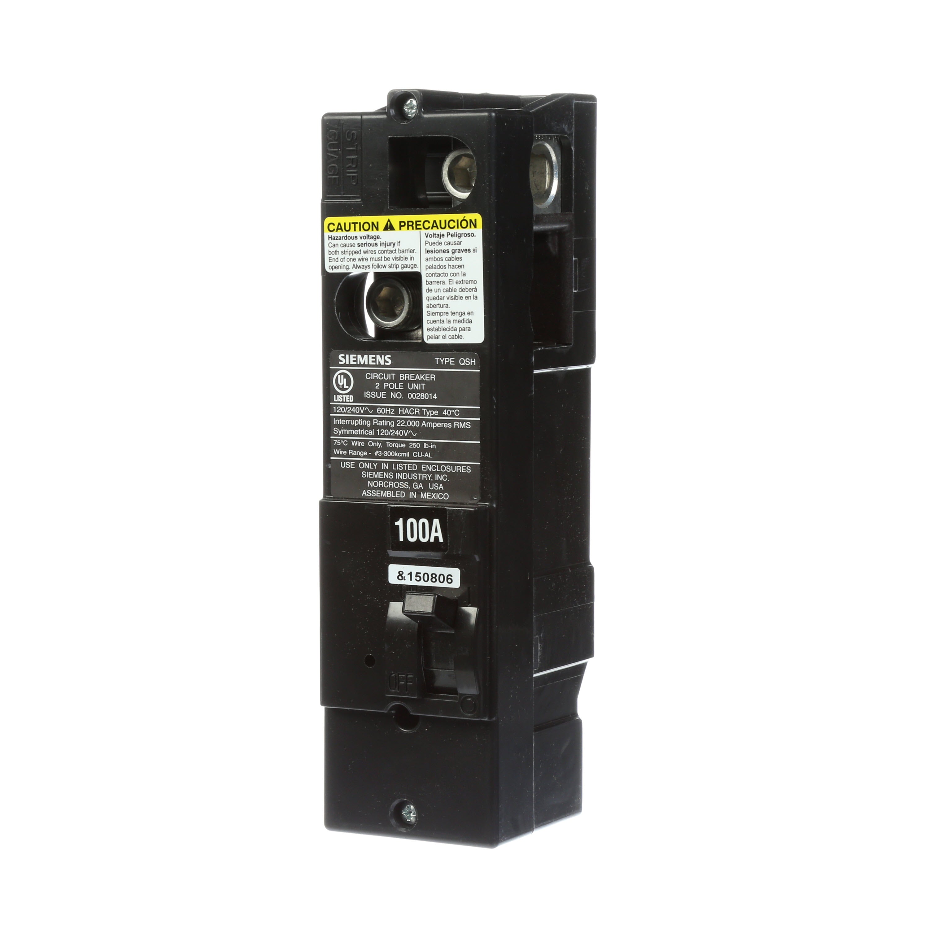QS2100H | Siemens 100A 2-Pole 120/240VAC Plug-In Thermal Magnetic Circuit Breaker