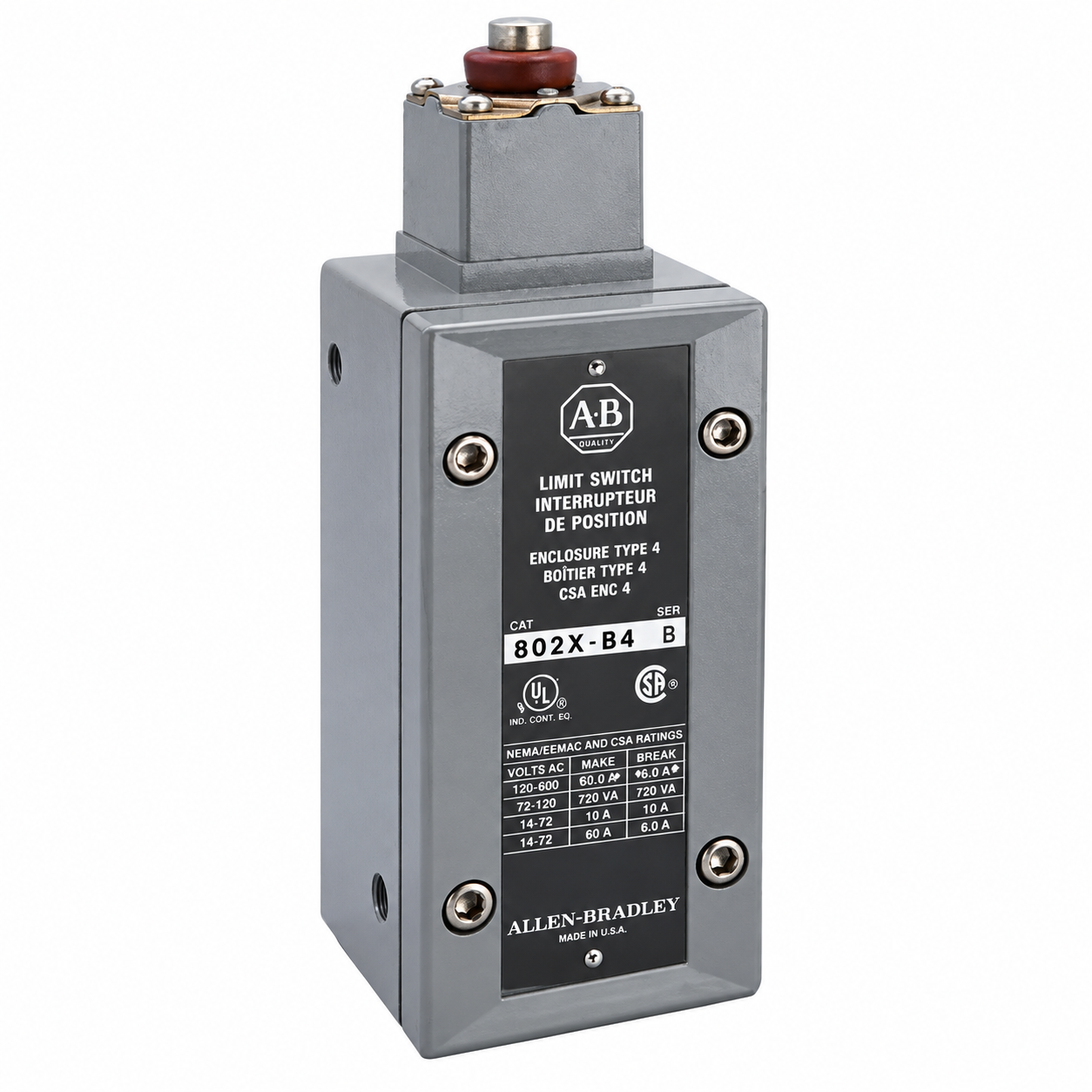 Allen-Bradley 802X-B4 Watertight Top Push Rod Limit Switch