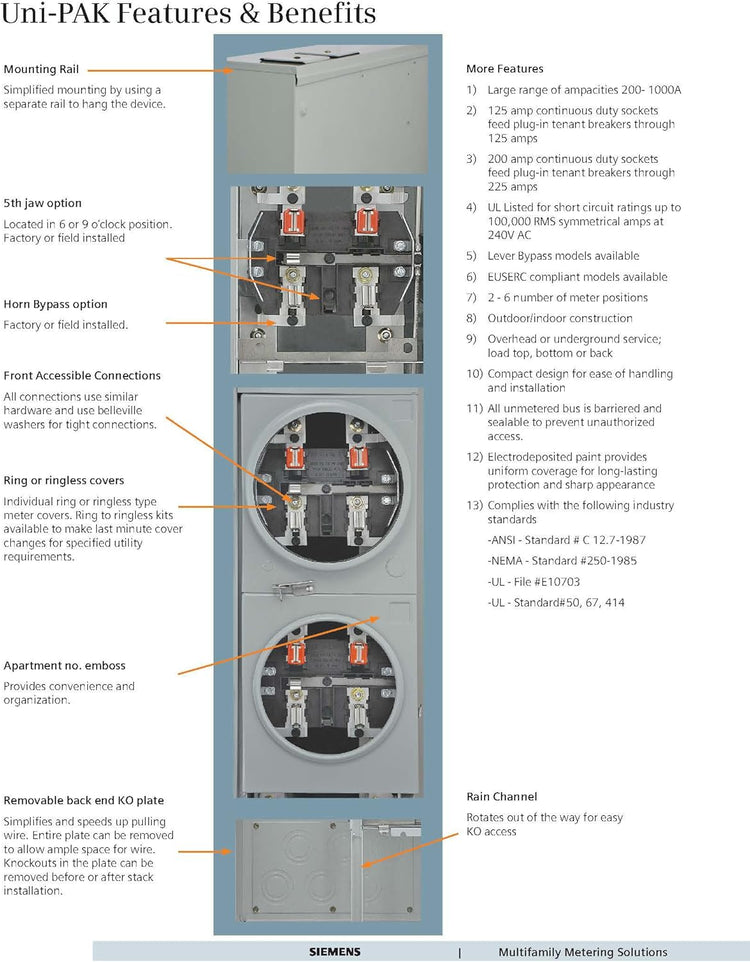 Siemens WP4511 400A 1-Phase Uni-Pak Meter Pack 5 Gang 4J Ring Multi-Position Panel