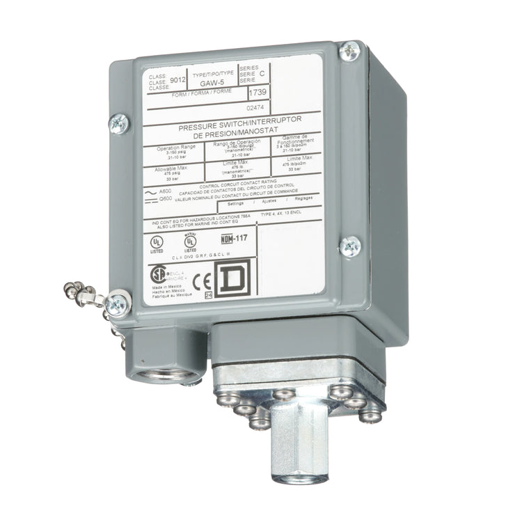 9012GAW5 | Schneider Electric Pressure Switch, 3-150 psi, 1/4 NPTF port, SPDT, UL CSA, 9012G Series