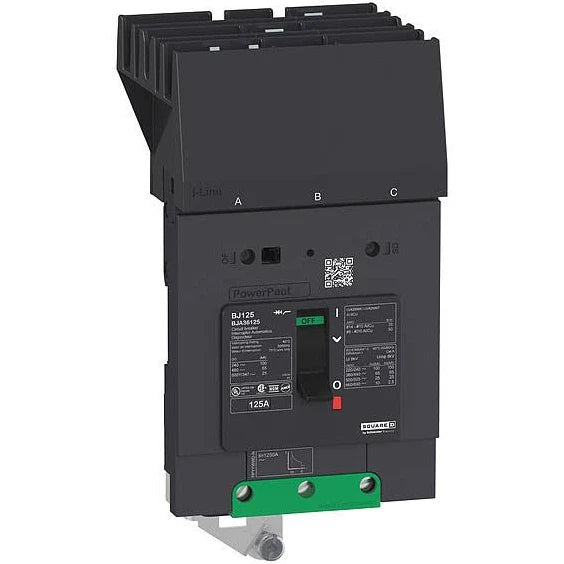 BGA36125 | Schneider Electric Circuit breaker, PowerPacT B, 125A, 3 pole, 600Y/347VAC, 18kA, I-Line, thermal magnetic, 80%, ABC
