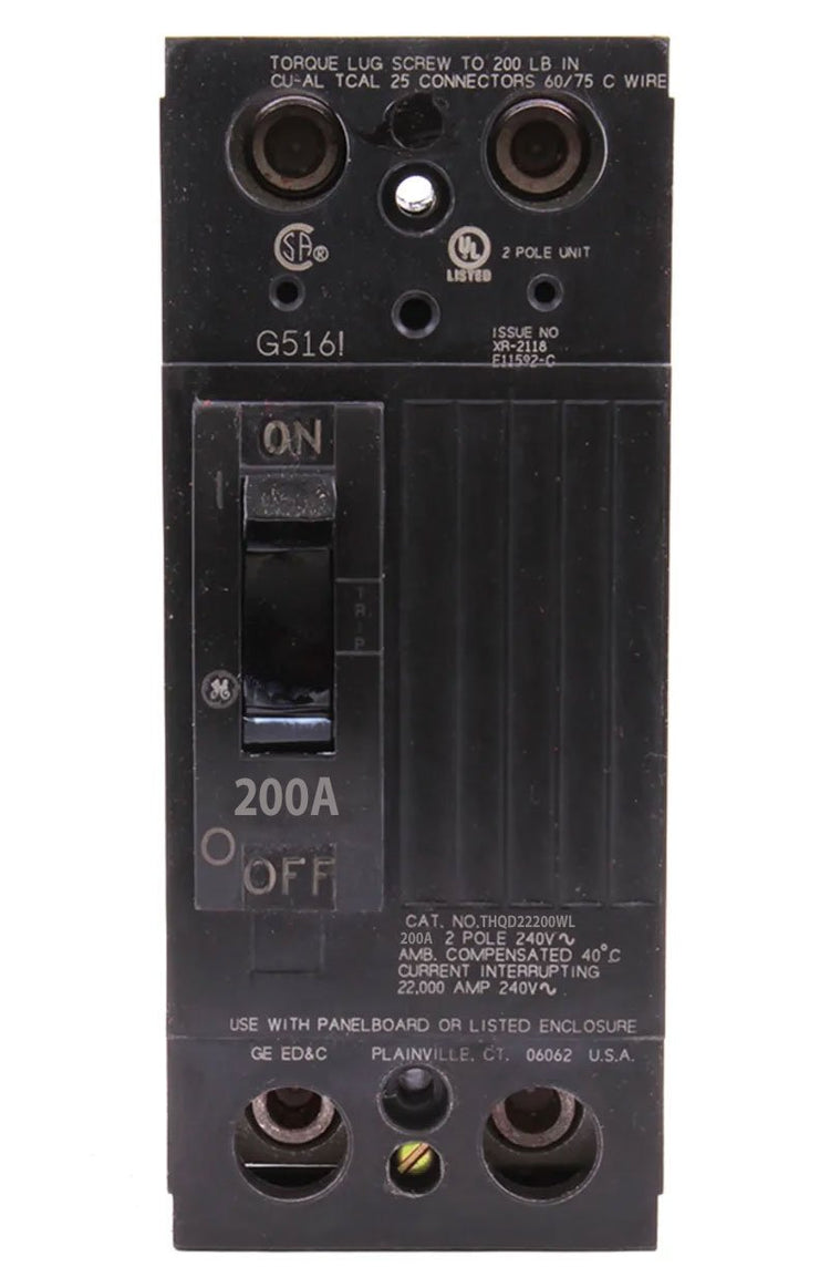 THQD22200WL | General Electric 200A 2-Pole 240V Thermal-Magnetic Molded Case Circuit Breaker