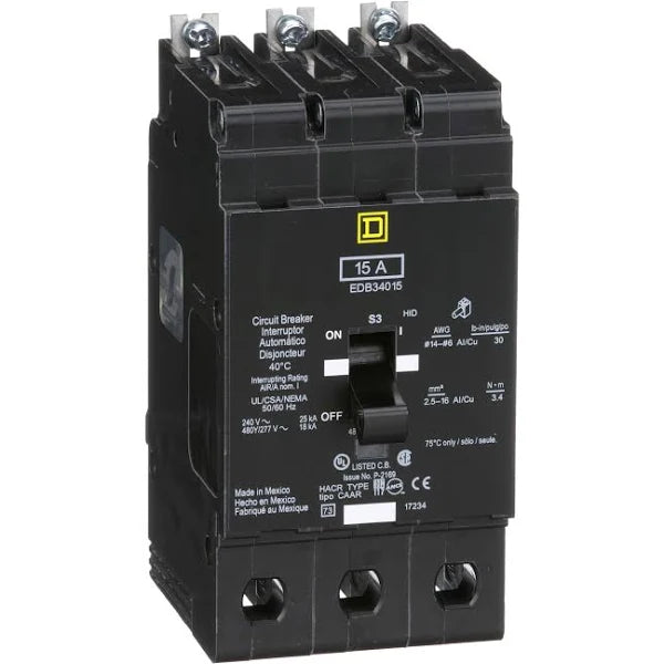 EDB34015 | Schneider Electric Mini circuit breaker, E-Frame, 15A, 3 pole, 480Y/277 VAC, 25 kA max, bolt on