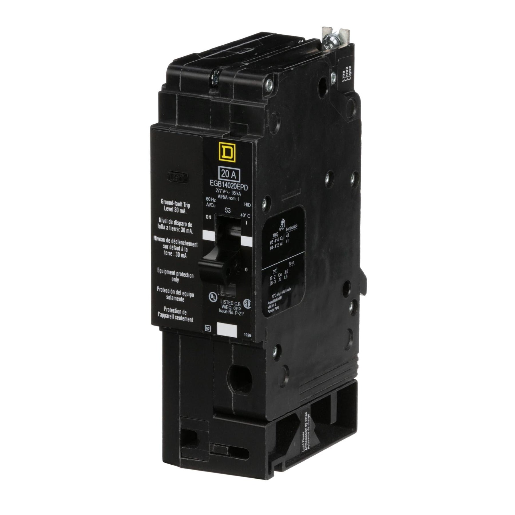 EGB14020EPD | Square D 20A 277V 1-Pole Molded Case Circuit Breaker – Thermal Magnetic, EGB Series