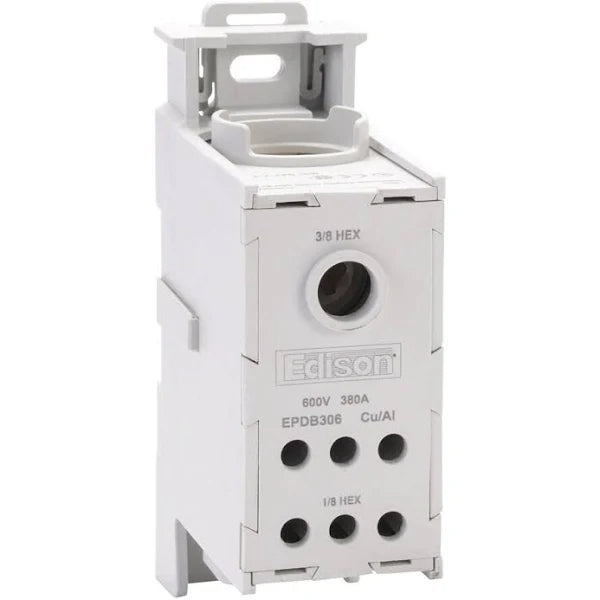 EPDB306 | Edison Enclosed power distribution block, 380A, 1-pole, line side: 1 opening accepts 500 MCM to 6 AWG, load side: 6 openings accept 2 AWG to 14 AWG, panel mount, UL 1953 listed