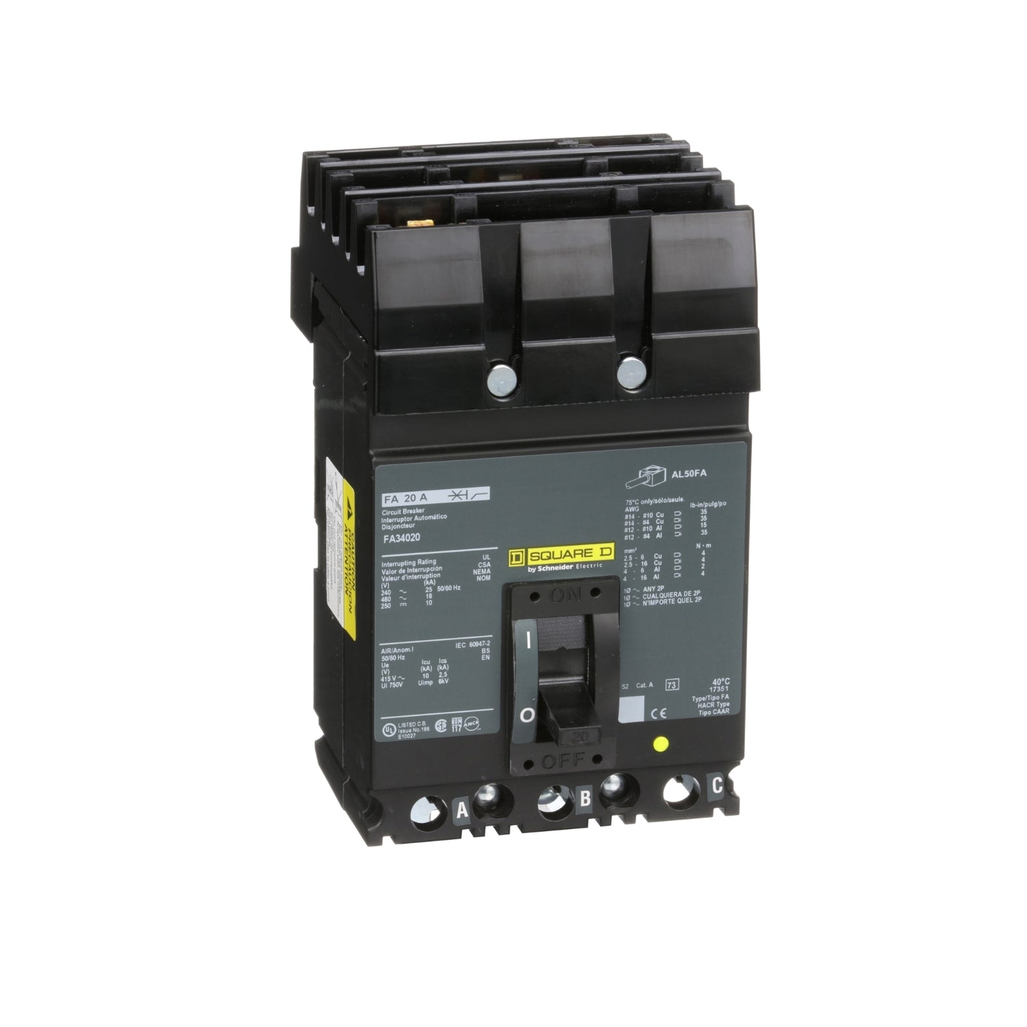 FA34020 | Schneider Electric Circuit Breaker, FA, 480V 20A, 3 Pole