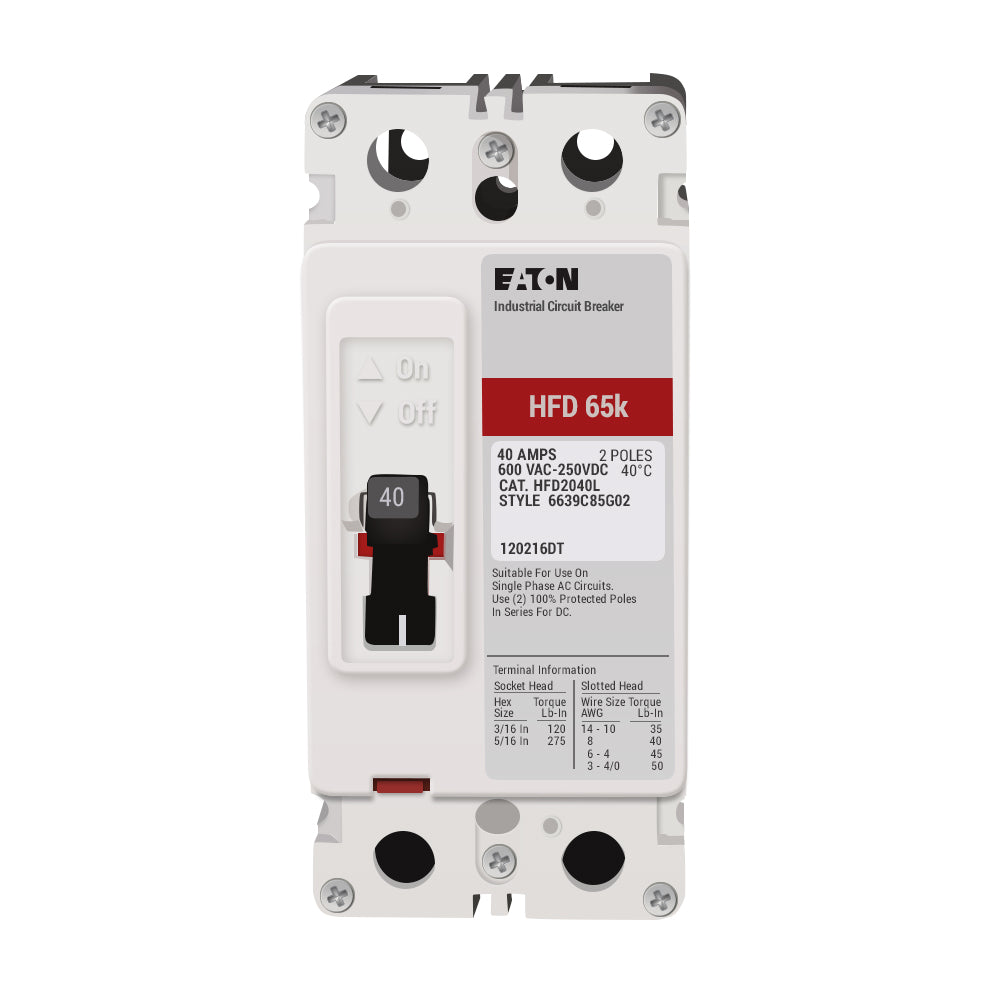 HFD2040L | Eaton 40A 2-Pole 600V Thermal-Magnetic Molded Case Circuit Breaker