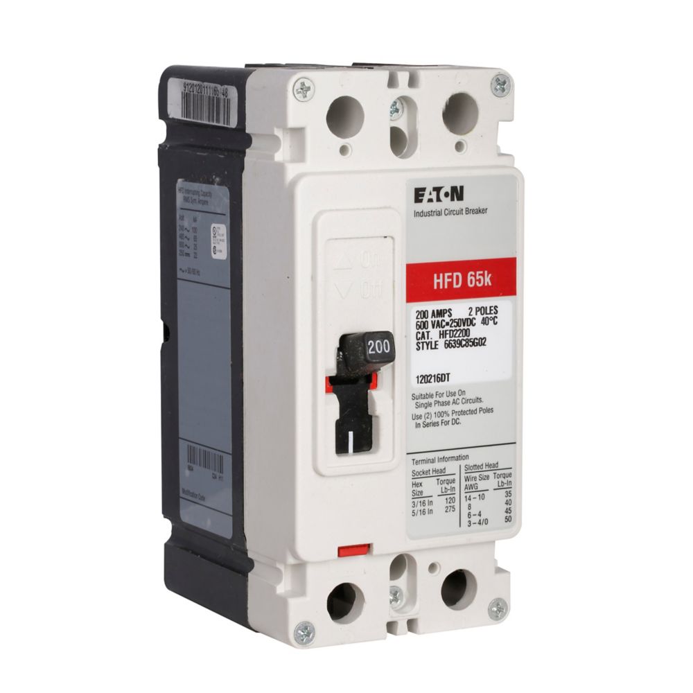 HFD2175 | Eaton 175A 2-Pole 600V Series C F-Frame Thermal Magnetic Molded Case Circuit Breaker