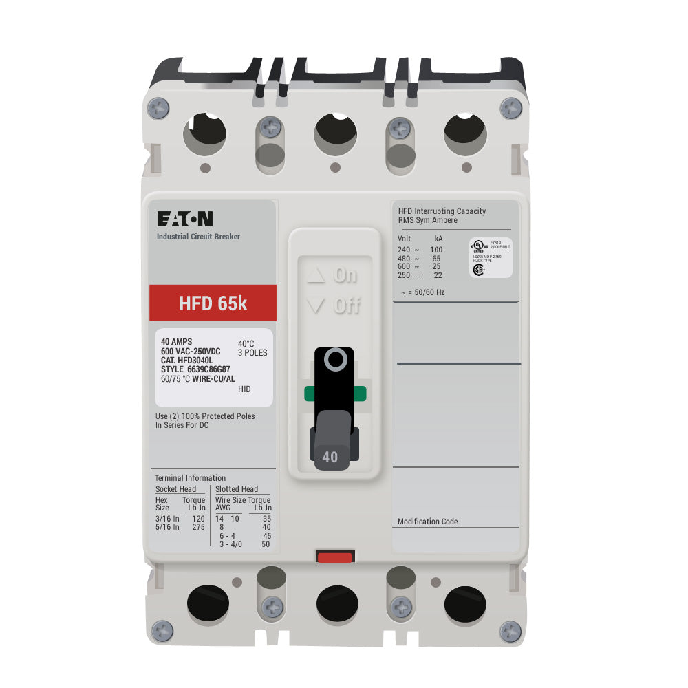 HFD3040 | Eaton 40A 3-Pole F-Frame Series C High-Interrupt Molded Case Circuit Breaker