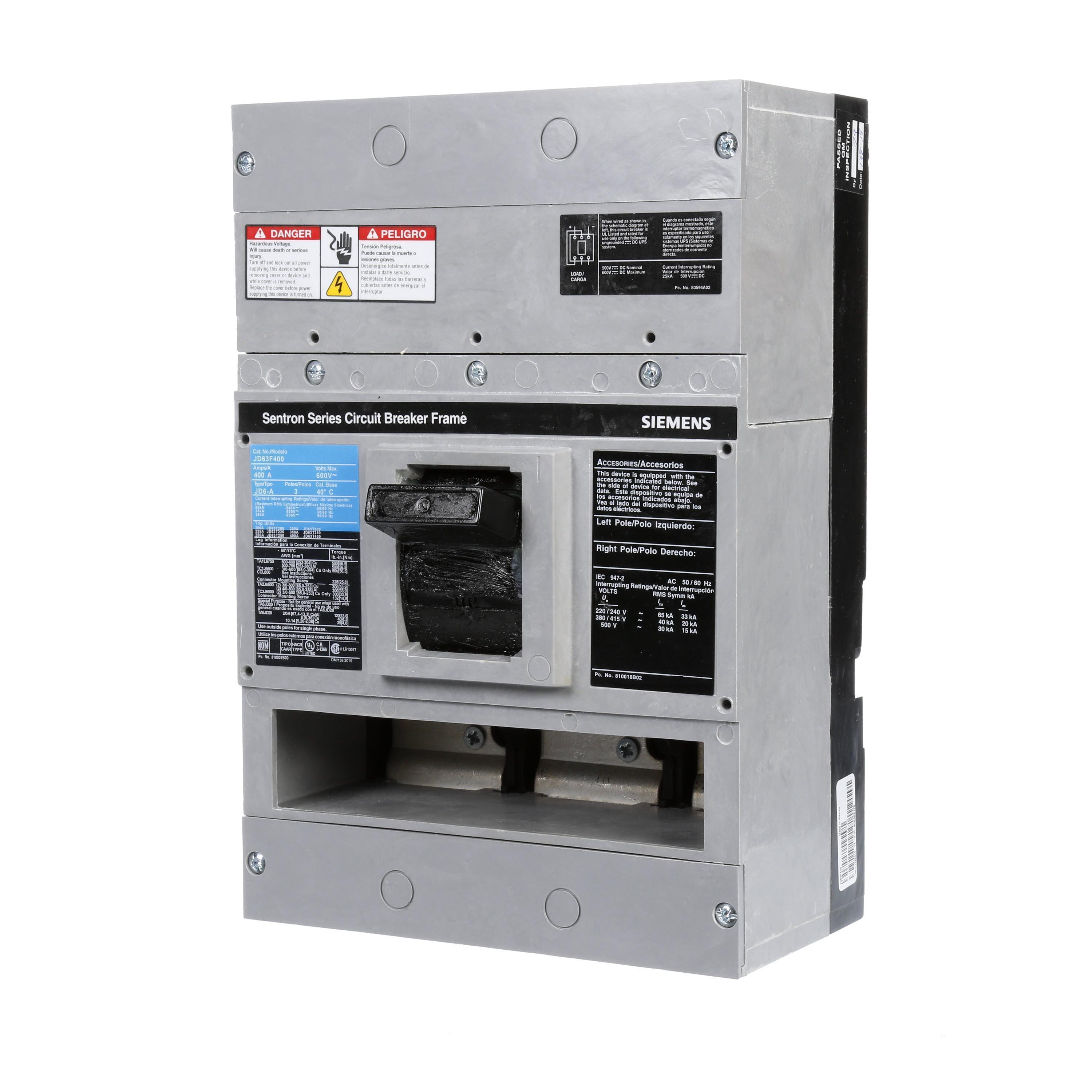 JD63F400 | Siemens Circuit Breaker 400A 3-Pole 600V Sentron Series