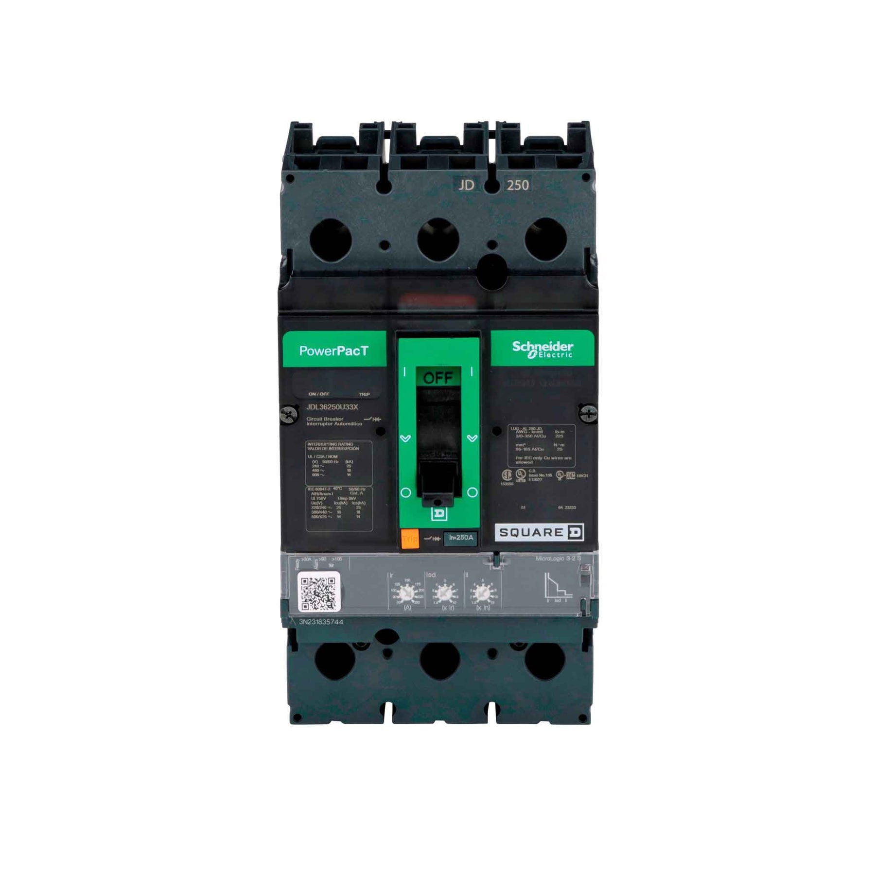 JDL36250U33X | Square D PowerPact J 250A 3-Pole 600V Molded Case Circuit Breaker