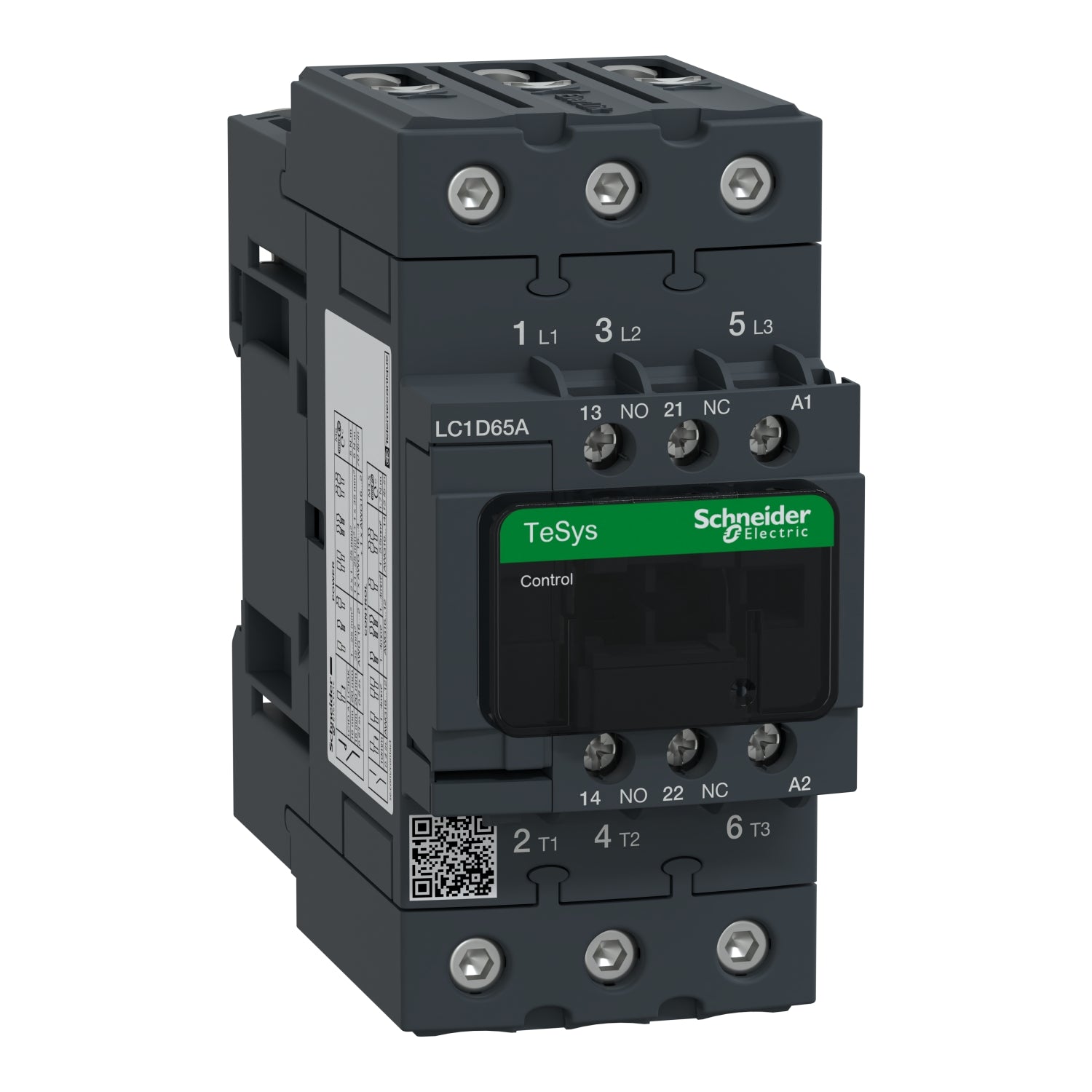 LC1D65AF7 | Schneider Electric IEC contactor, TeSys Deca, nonreversing, 65A, 40HP at 480VAC, up to 100kA SCCR, 3 phase, 3 NO, 110VAC 50/60Hz coil, open