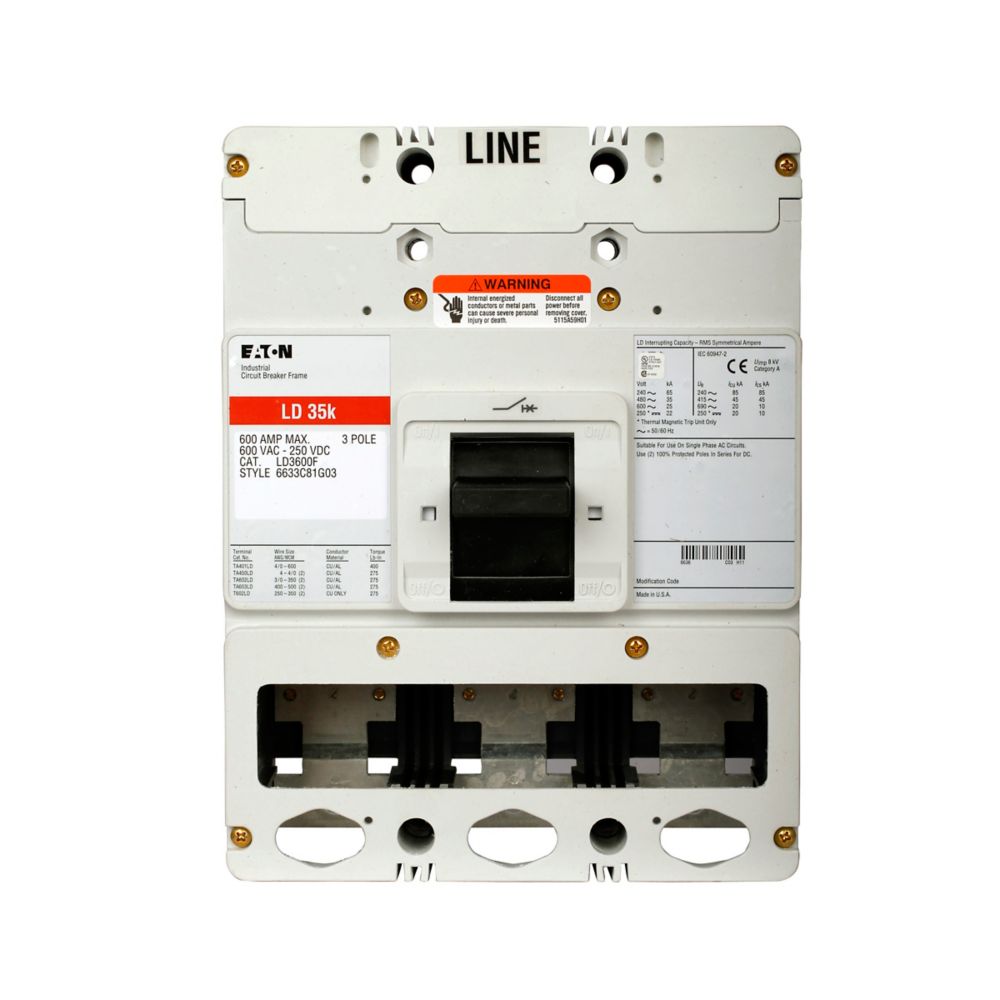 Eaton LDB3600FT33W Series C 600A 3-Pole Electronic Molded Case Circuit Breaker L-Frame