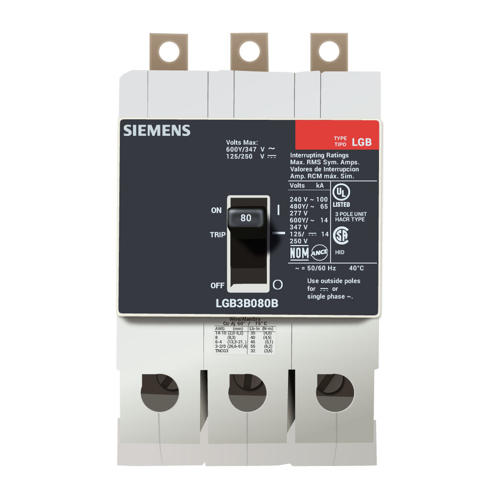 LGB3B080B | Siemens 80A 3-Pole 600V Molded Case Circuit Breaker, Bolt-On, VL Series