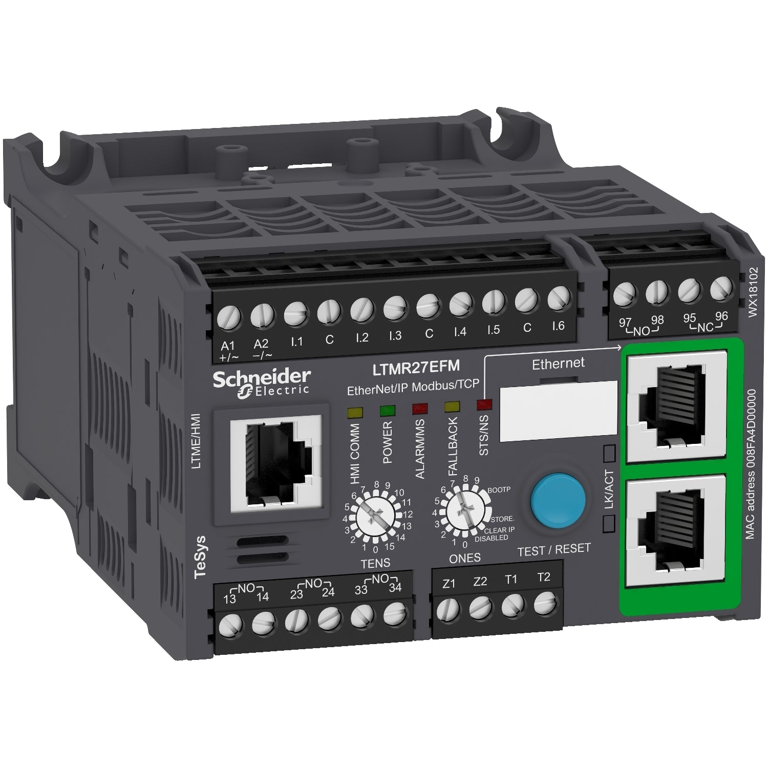 LTMR27EFM | Schneider Electric TeSys T, Motor Controller, Ethernet/IP, Modbus/TCP, 6 inputs, 3 outputs, 1.35 to 27A, 100 to 240 VAC