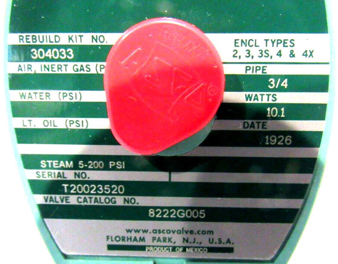 ASCO 8222G005 RedHat 3/4" High-Pressure Steam Solenoid Valve 120VAC