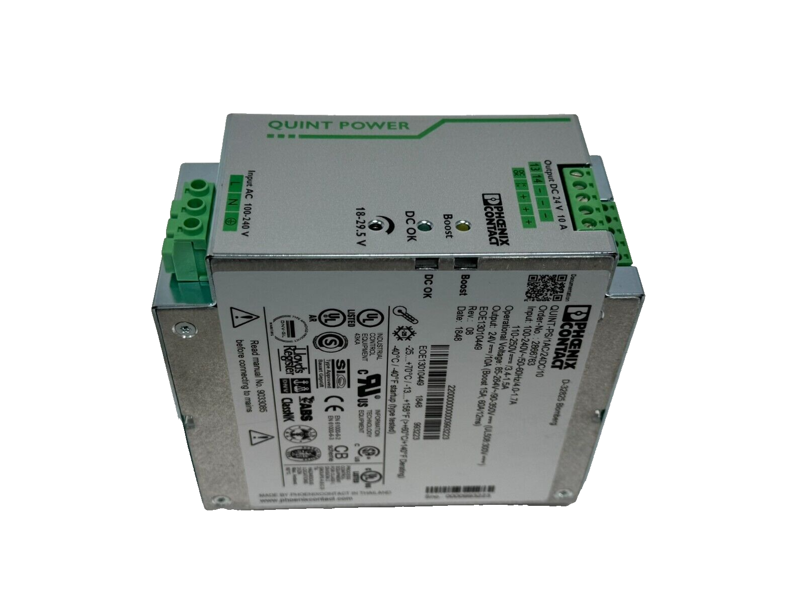 Phoenix Contact 2866763 QUINT POWER 24 VDC 10 A Industrial DIN Rail Power Supply 240 W