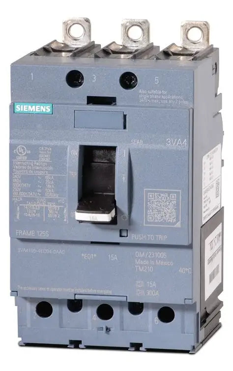 Siemens 3VA4195-6ED34-0AA0 15A 3-Pole Molded Case Circuit Breaker