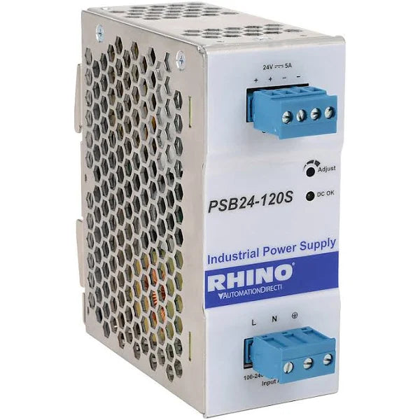 PSB24-120S | Automation Direct RHINO SELECT PSB series switching power supply, 24 VDC @ 5A/120W (adjustable), 120/240 VAC or 120-375 VDC nominal input, 1-phase, enclosed, aluminum housing, 35mm DIN rail mount