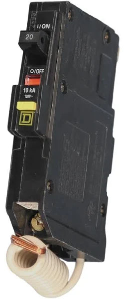 QOB120GFI | Schneider Electric Mini circuit breaker, QO, 20A, 1 pole, 120VAC, 10kA, 6mA grd fault A, pigtail, bolt on mount
