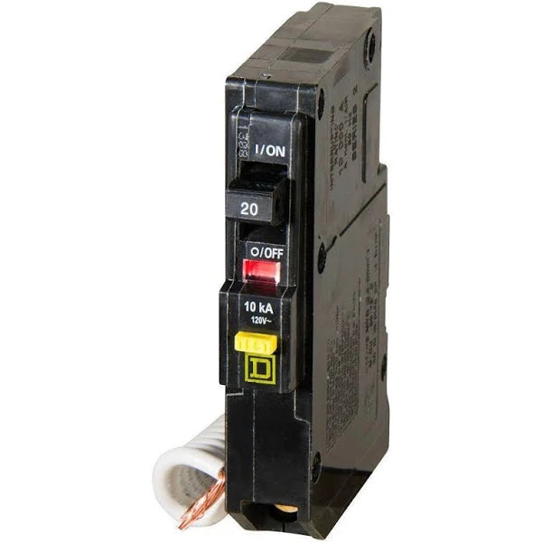 QOB120GFI | Schneider Electric Mini circuit breaker, QO, 20A, 1 pole, 120VAC, 10kA, 6mA grd fault A, pigtail, bolt on mount