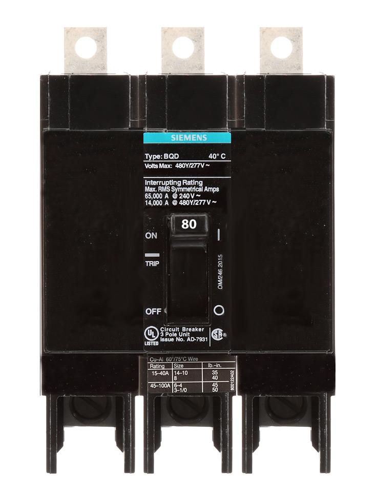 BQD380 | Siemens 80A 3-Pole 480V Molded Case Circuit Breaker Bolt-On 14kA