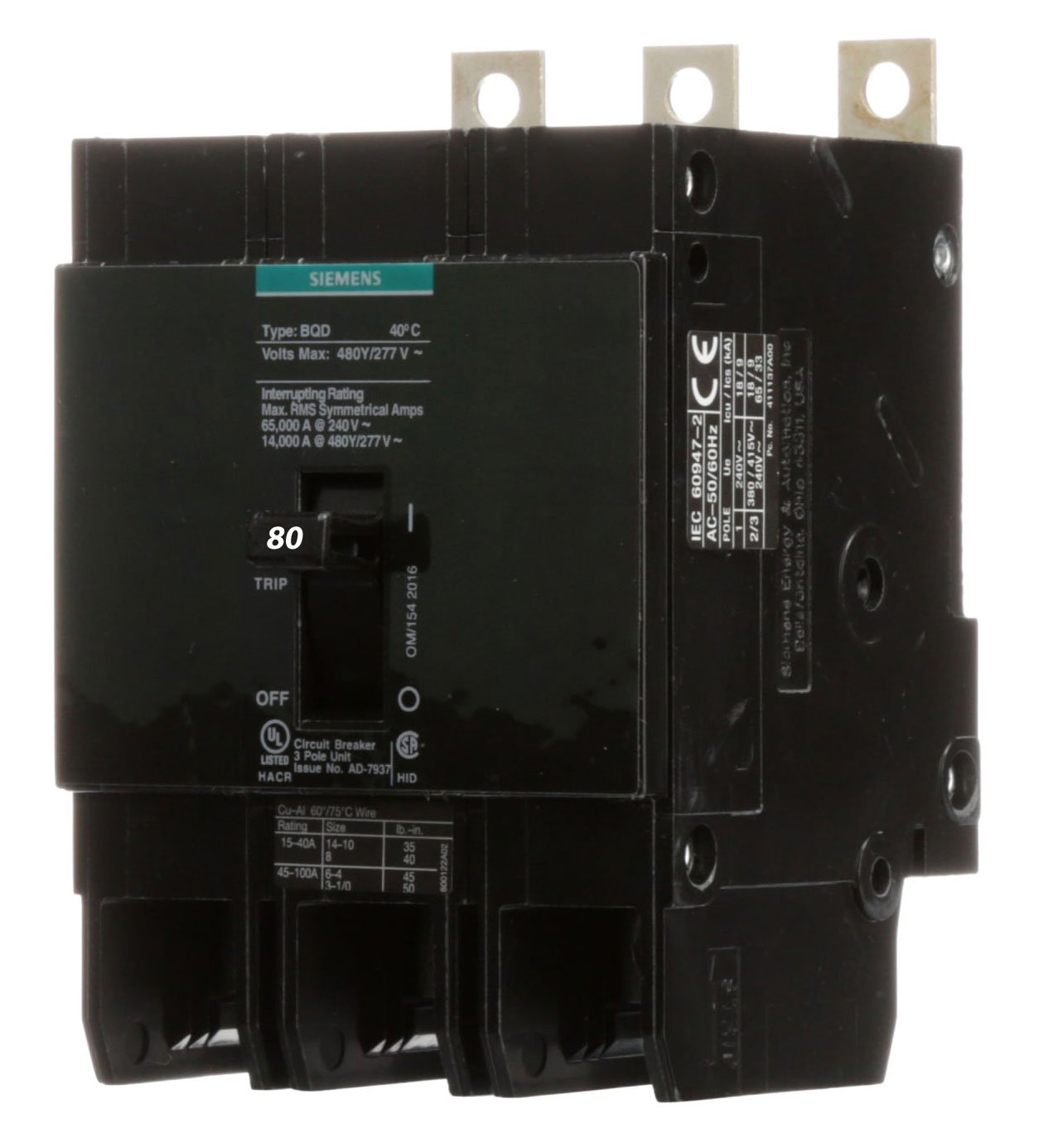 BQD380 | Siemens 80A 3-Pole 480V Molded Case Circuit Breaker Bolt-On 14kA