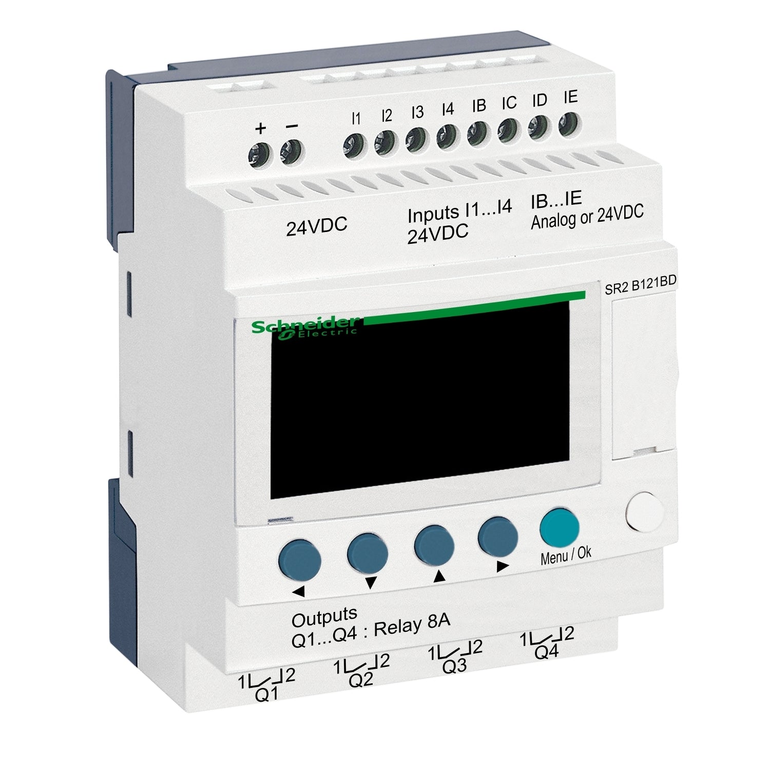 SR2B121BD | Schneider Electric Сompact smart relay, Zelio Logic SR2 SR3, 12 IO, 24V DC, clock, display, 4 relay outputs