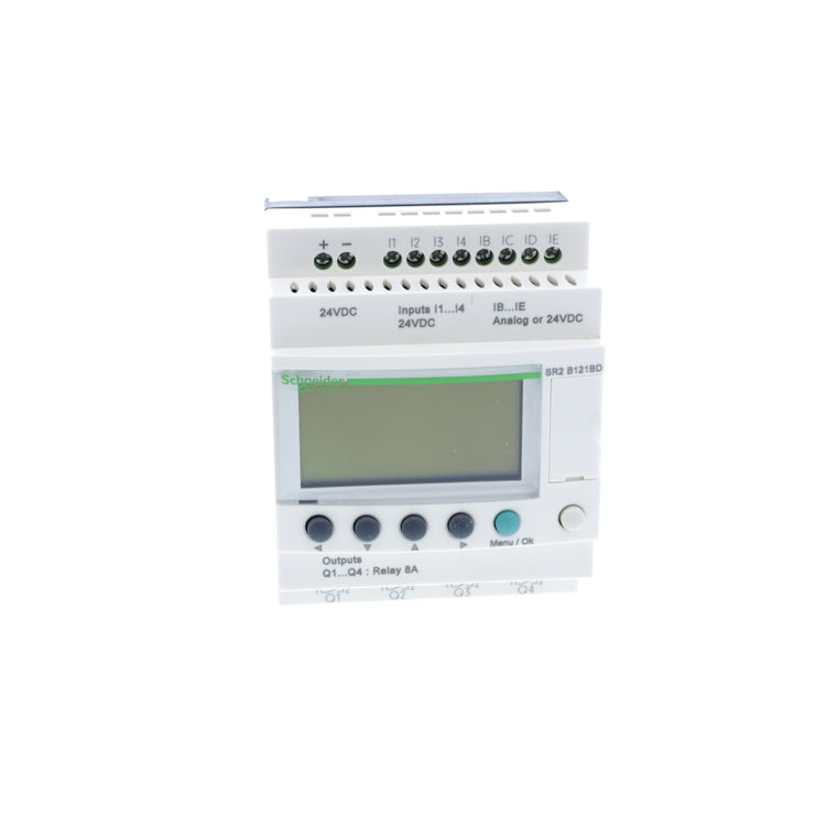 SR2B121BD | Schneider Electric Сompact smart relay, Zelio Logic SR2 SR3, 12 IO, 24V DC, clock, display, 4 relay outputs