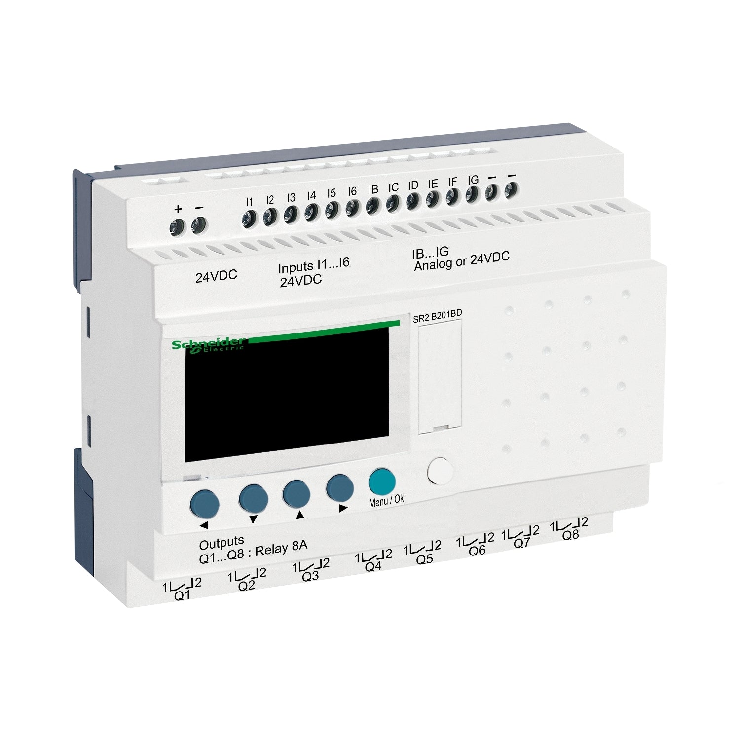 SR2B201BD | Schneider Electric | Compact smart relay, Zelio Logic SR2 SR3, 20 IO, 24V DC, clock, display, 8 relay outputs