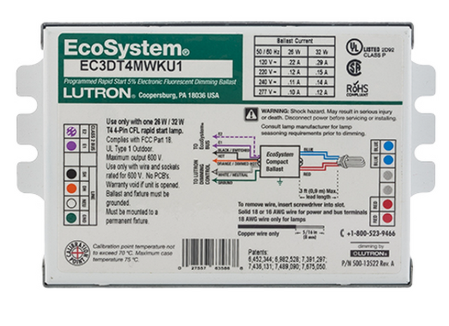 EC3DT4MWKU1S | Lutron EcoSystem Digital Dimming CFL Ballast, 26/32W, 120–277V, Stud Mount