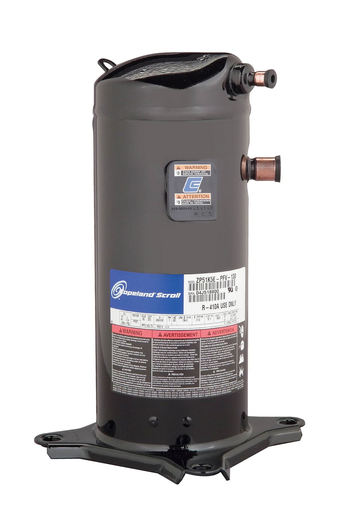 ZR42K5E-PFV-800 | Copeland 3.5 Ton Scroll Compressor 208–230V 1PH 42,200 BTU R22/R407C