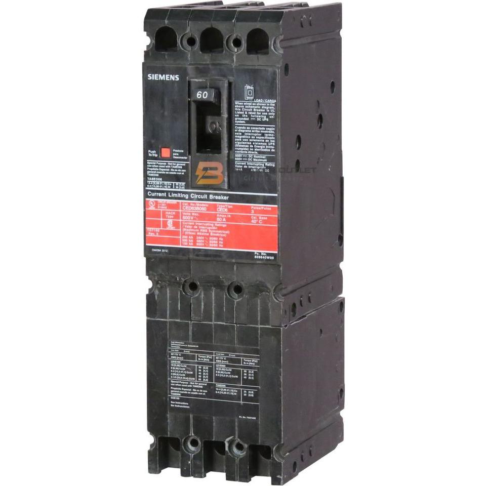 CED63B090 | Siemens 3-Pole 90A 600V Thermal Magnetic Molded Case Circuit Breaker