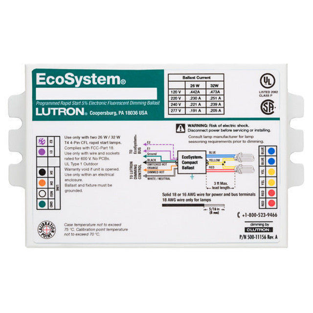 EC3DT4MWKU1S | Lutron EcoSystem Digital Dimming CFL Ballast, 26/32W, 120–277V, Stud Mount