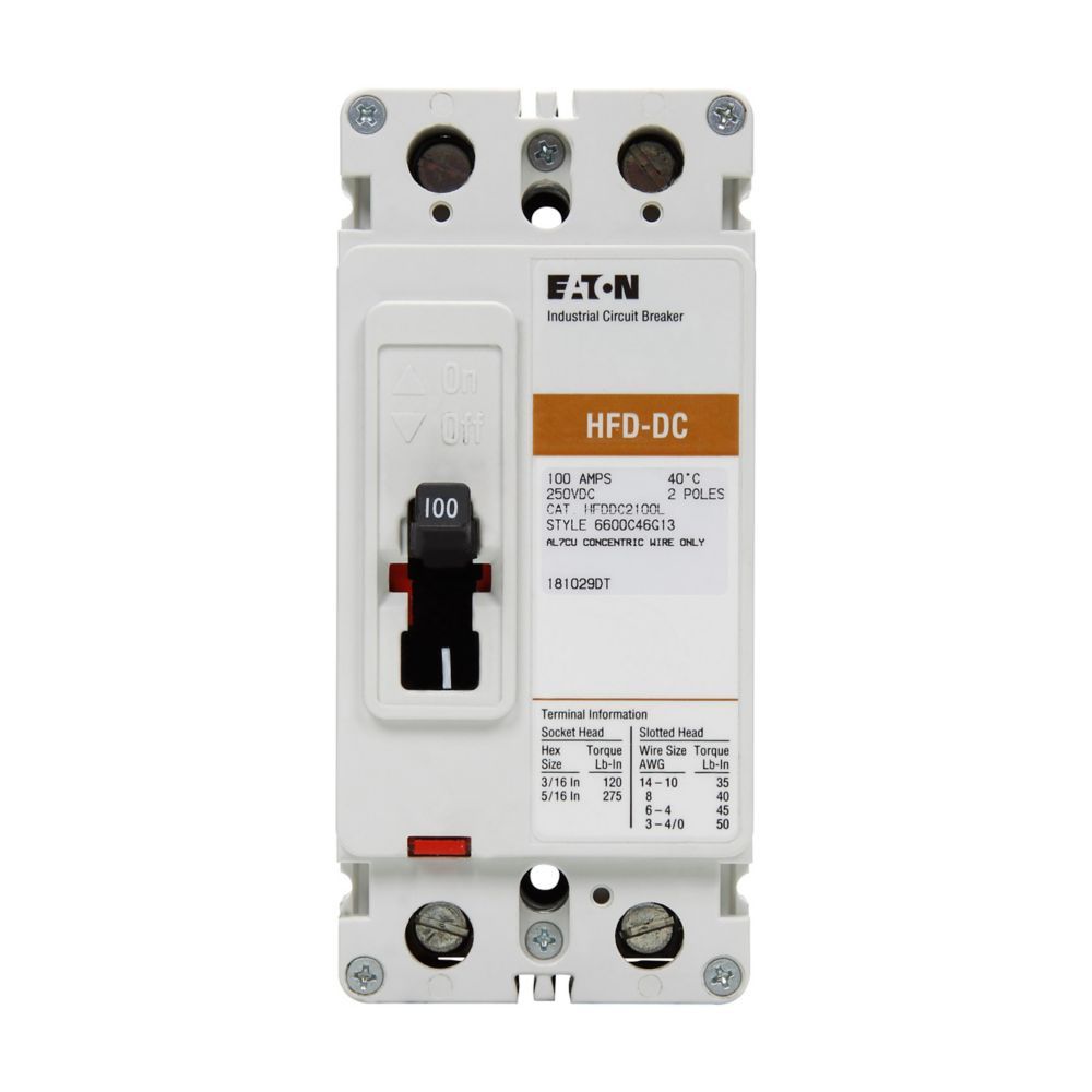 HFDDC2100L | Eaton 100A 2-Pole Thermal-Magnetic Panel-Mount Circuit Breaker, 600VAC/250VDC