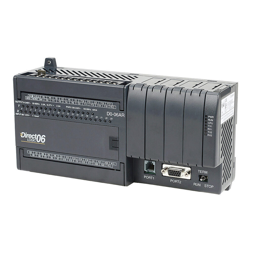 D0-06AR | Automation Direct DirectLOGIC DL06 PLC, 120-240 VAC required, serial ports, Discrete Input: 20-point, AC, Discrete Output: 16-point, relay.